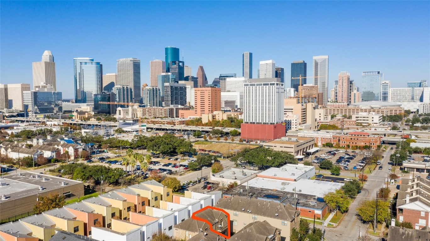 2304 Jackson Street Houston, TX 77004 - Photo 31 of 31 Aerial view of Downtown via drone. Townhome is outlined via red marker