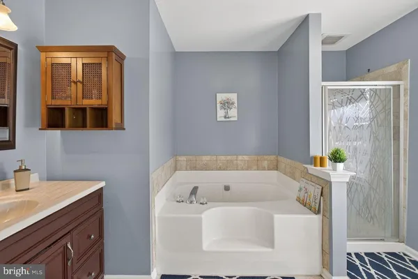 a bathroom with a tub and a sink