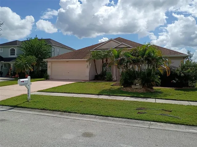 a view of a house with a yard and large tree