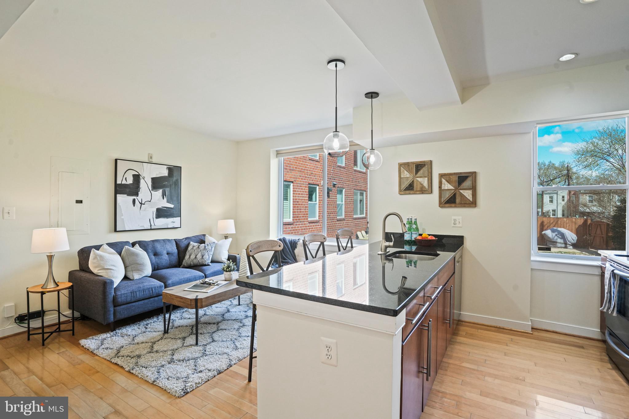 420 16th Street Southeast, Unit 103 Washington, DC 20003 - Photo 3 of 16 a living room with furniture a chandelier and a wooden floor