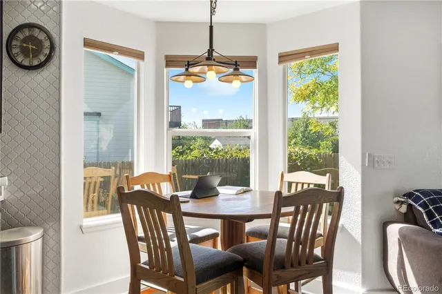 a view of a dining room with furniture window and outside view