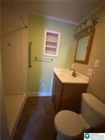 a bathroom with a sink mirror vanity and toilet