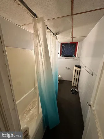 a bathroom with a shower and a wooden floor