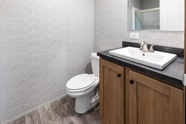 a bathroom with a sink a toilet and mirror