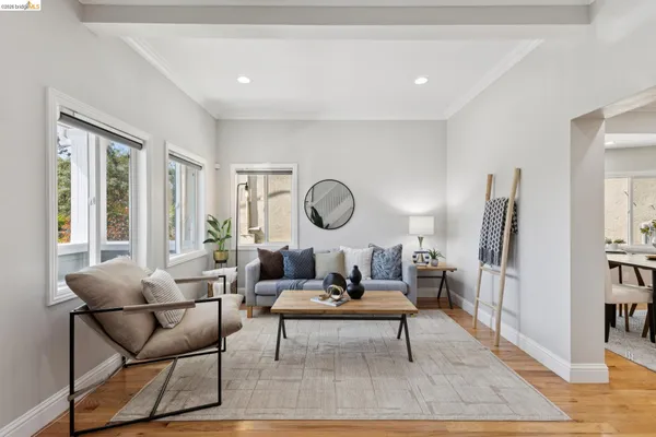a living room with furniture a rug and a window