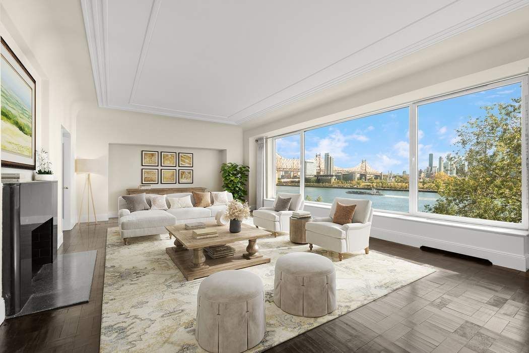 435 East 52nd Street, Unit 3A Manhattan, NY 10022 - Photo 6 of 35 a living room with furniture large windows and wooden floor