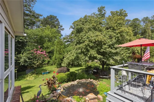 a garden view with a seating space