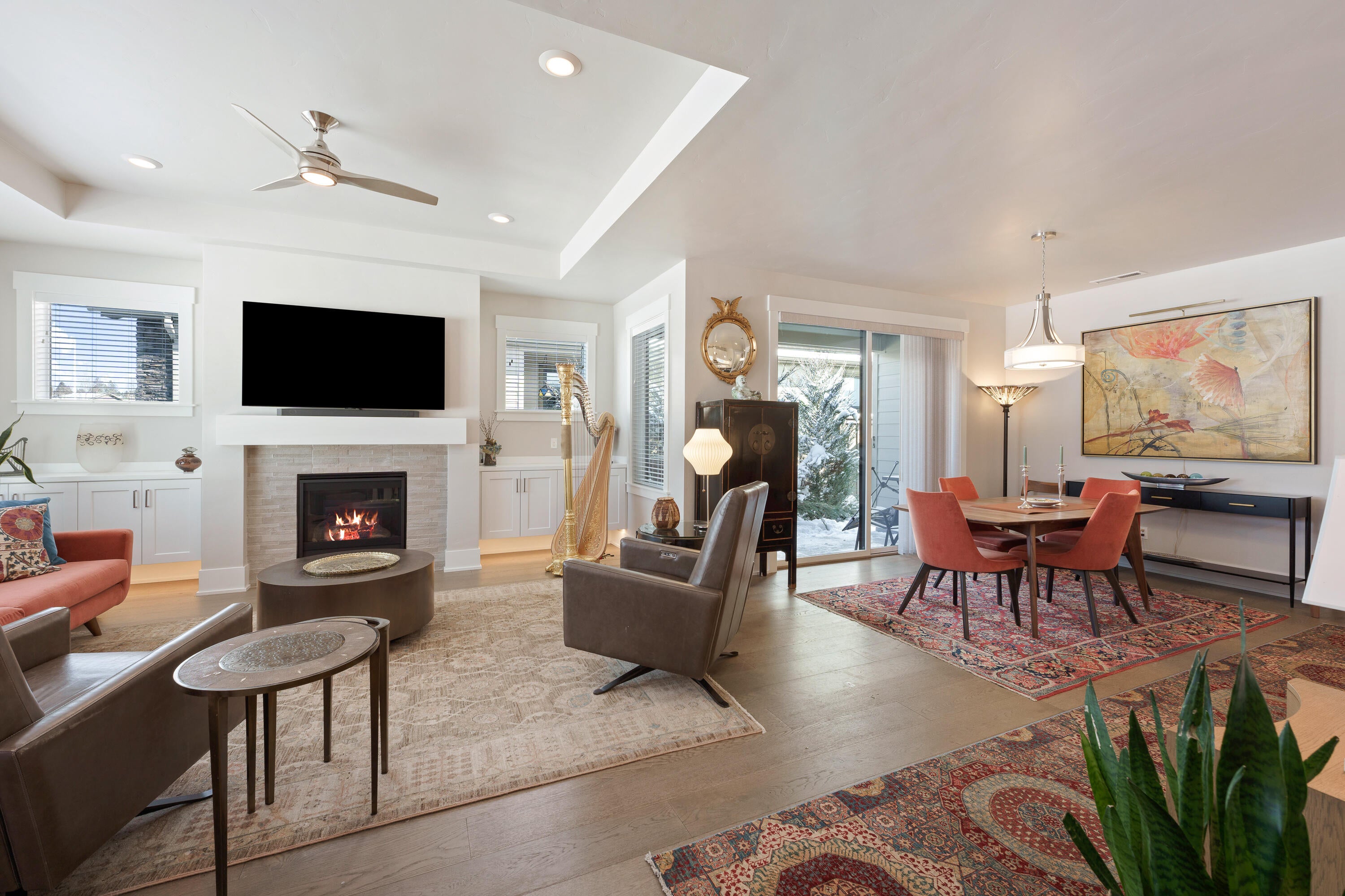 Wood flooring in living areas and kitchen.
