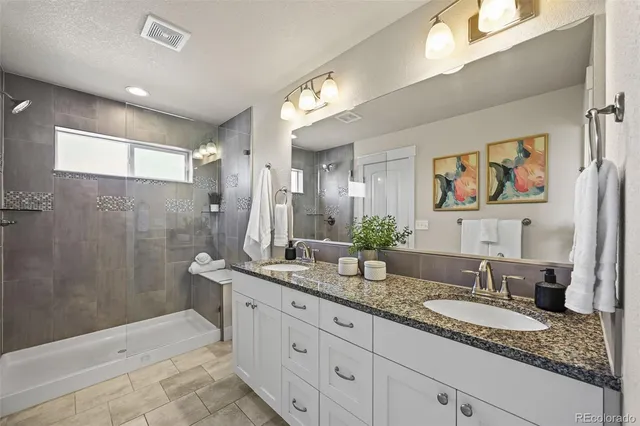 a bathroom with a granite countertop sink mirror and shower