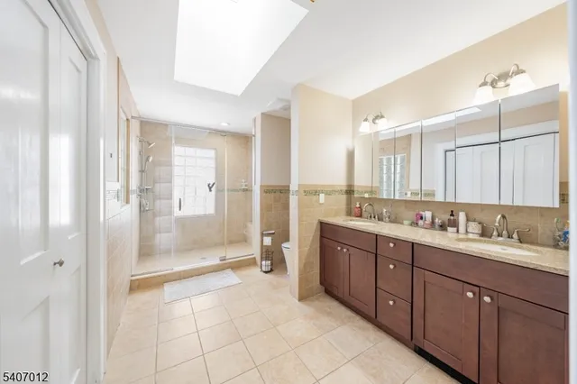 a bathroom with a sink mirror and a shower