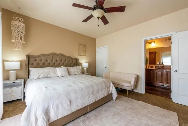 a bedroom with a bed and a walk in closet