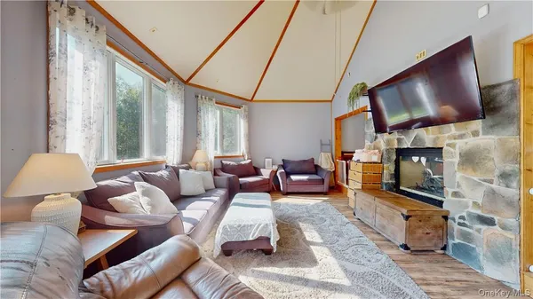 a living room with furniture a flat screen tv and a fireplace