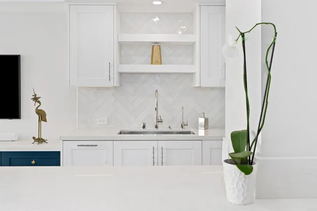a kitchen with stainless steel appliances granite countertop a sink a white cabinets and a potted plant