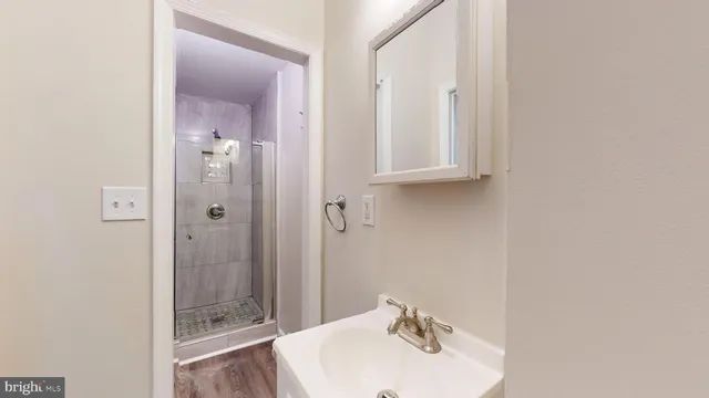 a bathroom with a sink mirror and shower