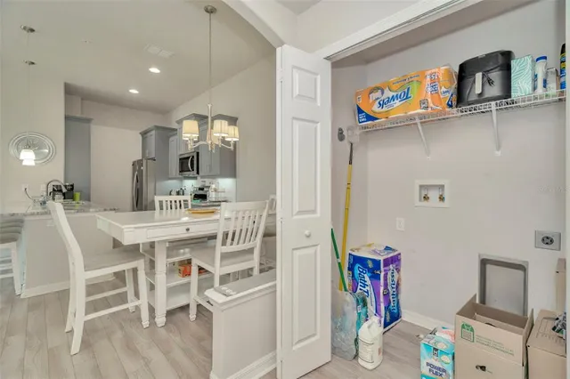 a view of a dining room with furniture