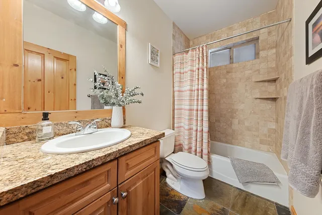 a bathroom with a granite countertop sink toilet and shower