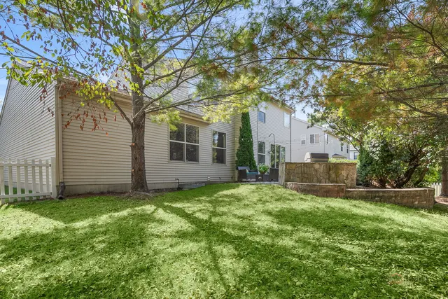 a view of a yard in front of a house with plants and large tree