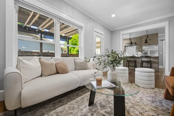 a view of a dining room with furniture