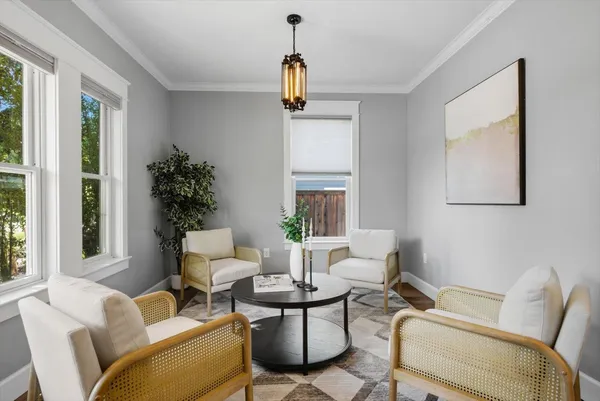 a living room with furniture and a potted plant