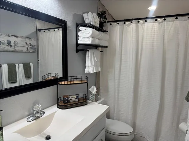 a bathroom with a sink a toilet and shower curtain