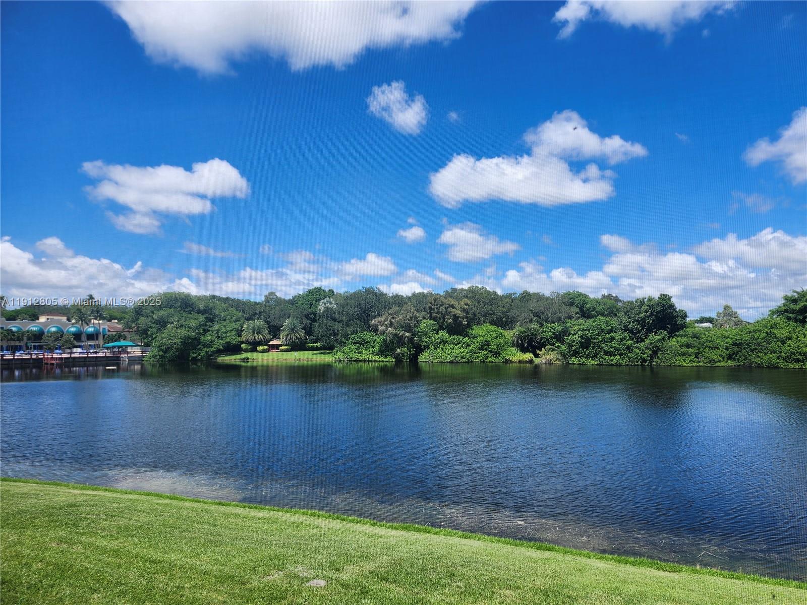 a view of a lake with a city