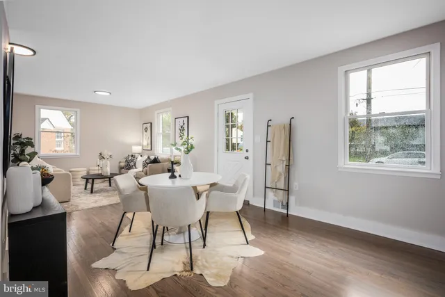 a view of a dining room with furniture window and wooden floor