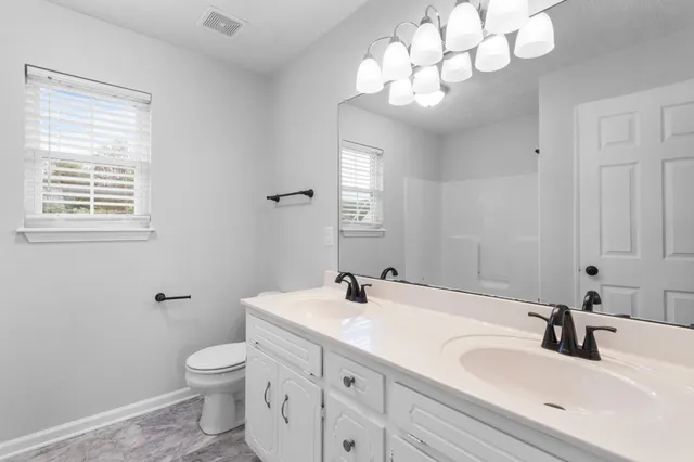 a bathroom with a sink a toilet and a mirror