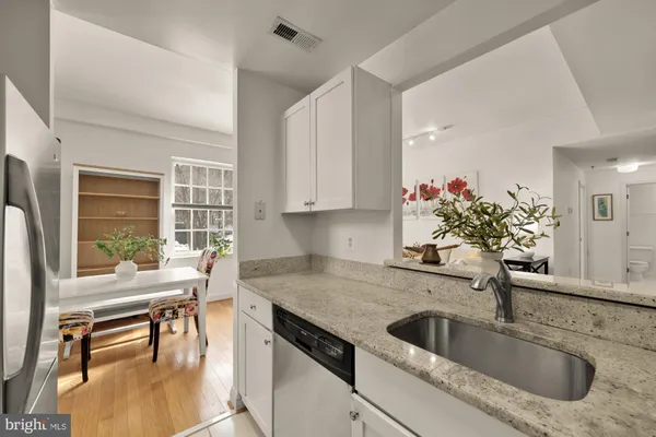 a kitchen with a sink and potted plant