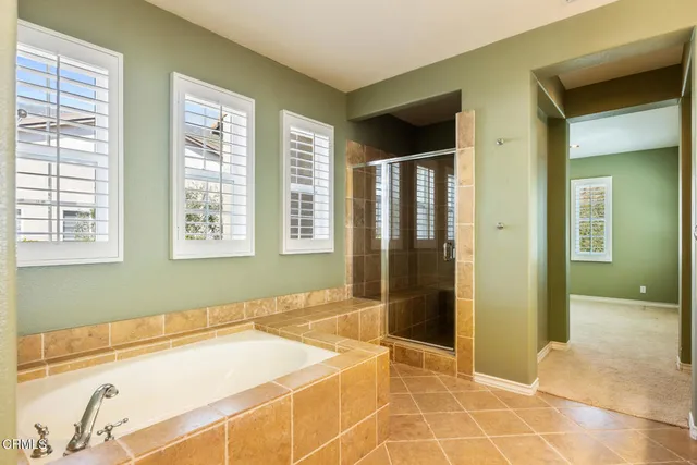a bathroom with a bathtub and a shower