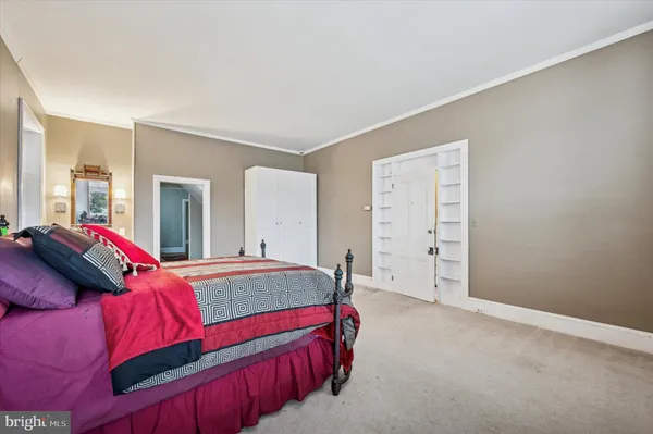 a bedroom with a bed and a closet