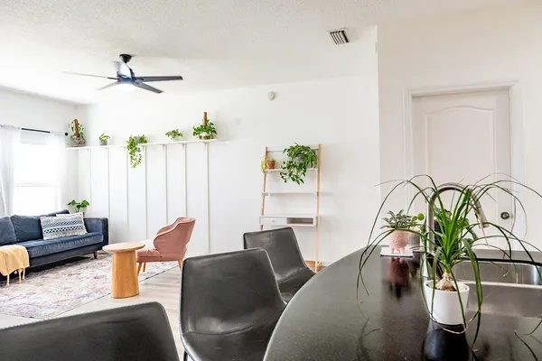 a living room with furniture and a potted plant