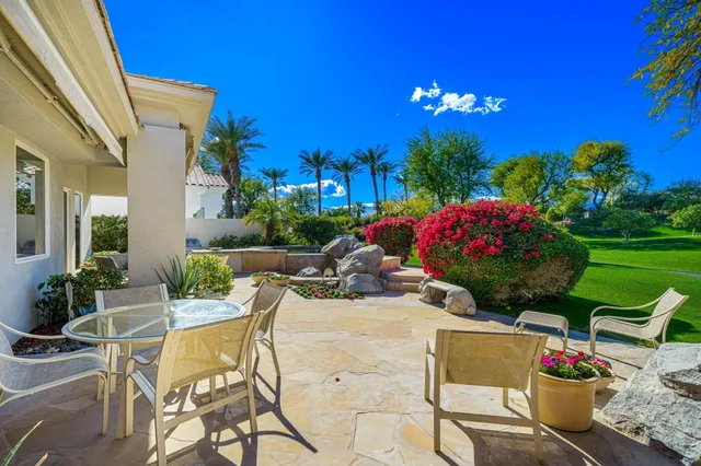 a view of a patio with couches chairs potted plants and a palm tree