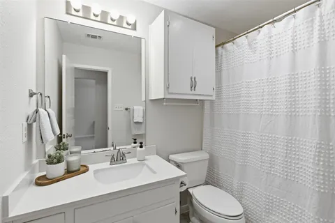 a bathroom with a sink vanity mirror and toilet