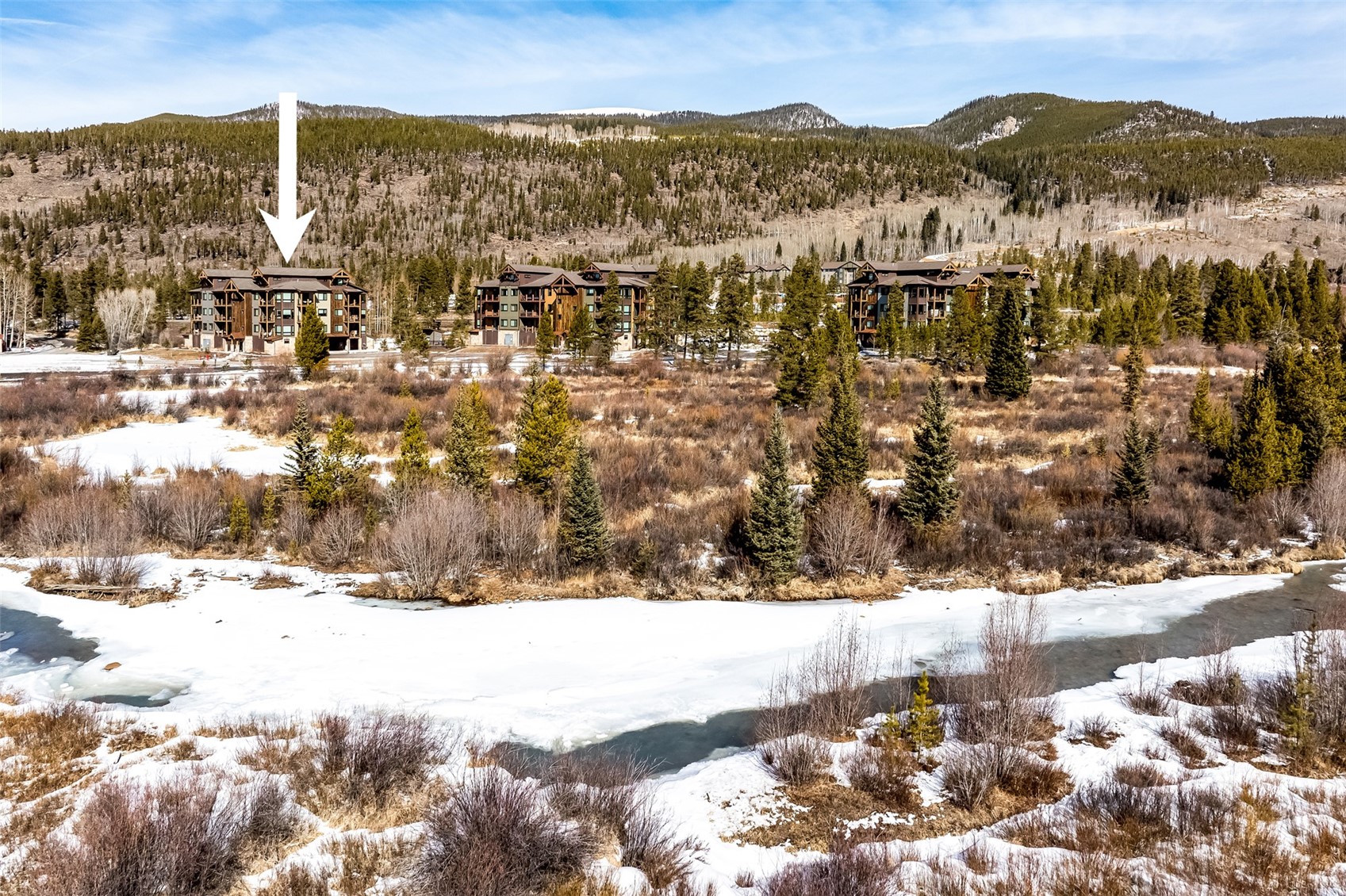 23 Clearwater Way, Unit 102 Keystone, CO 80435 - Photo 8 of 47 Aerial view of Clearwater Lofts from the Snake River