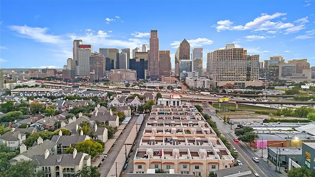 a city view with tall buildings