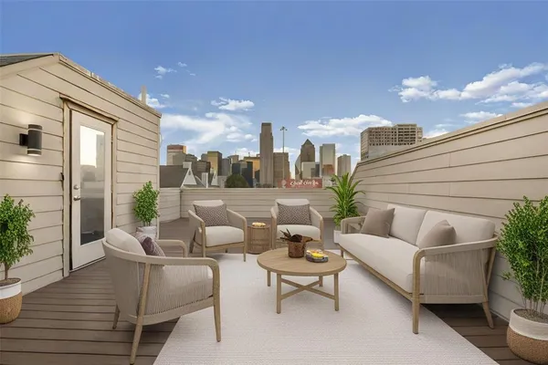 a city view with tall buildings