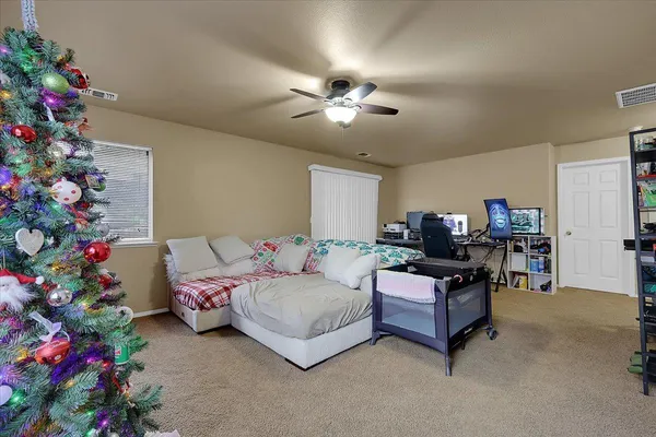 a bedroom with furniture and a potted plant