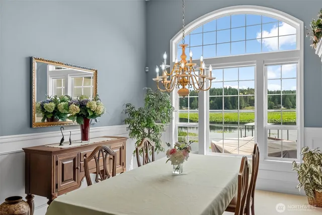 a view of a dining room with furniture window and outside view