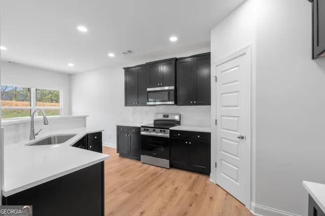 a kitchen with a sink cabinets and wooden floor