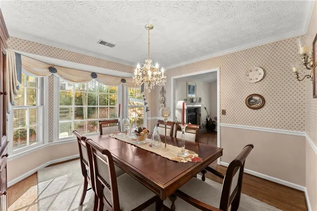 a view of a dining room with furniture window and outside view
