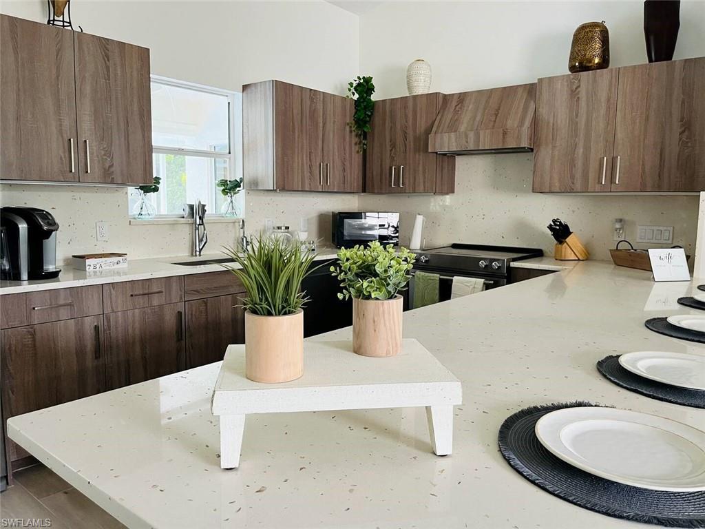 3440 15th Avenue Southwest Naples, FL 34117 - Photo 10 of 31 Kitchen featuring premium range hood, sink, hardwood / wood-style flooring, electric stove, and backsplash