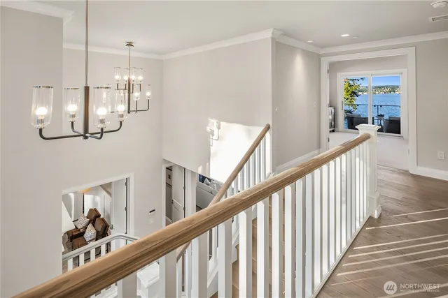 a view of a hallway view with wooden floor and staircase