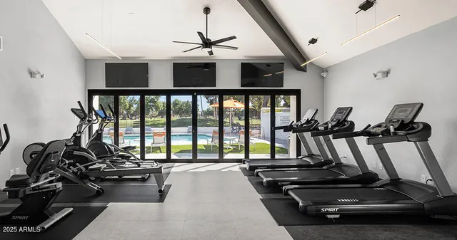 a view of a room with gym equipment