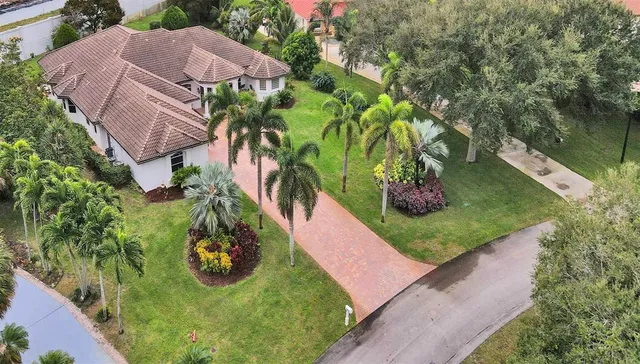 a front view of a house with a yard and palm trees