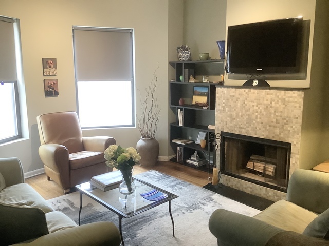 5216 North Kenmore Avenue, Unit 3S Chicago, IL 60640 - Photo 4 of 16 a living room with furniture a flat screen tv and a fireplace