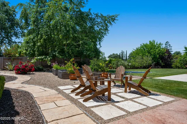 a view of a backyard with sitting area