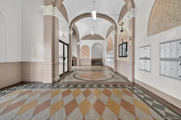 a living room with a rug