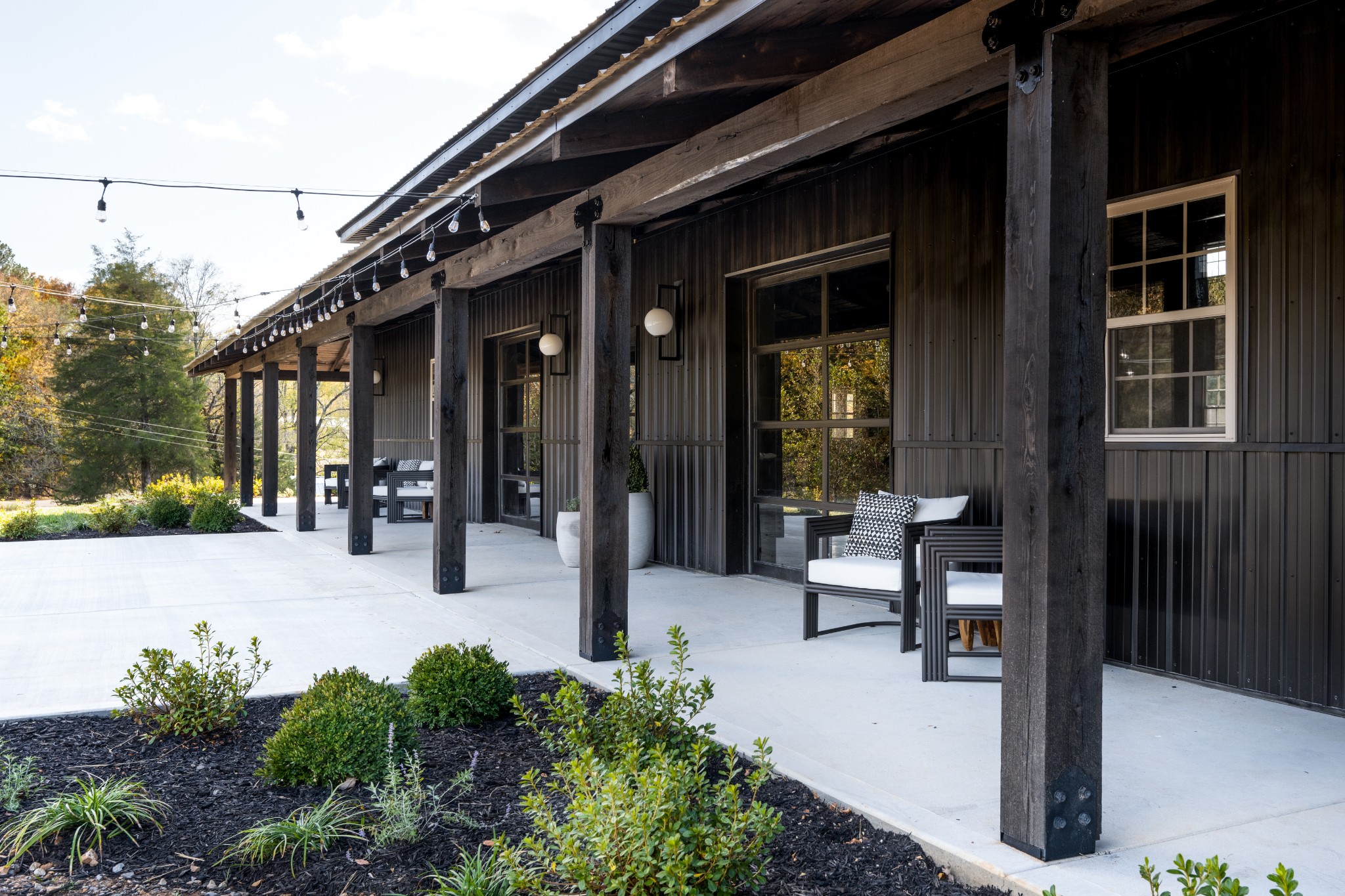 a staircase with a outdoor seating