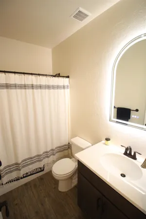 a bathroom with a sink a toilet and a mirror