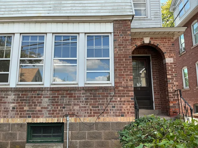 a front view of a house with plants